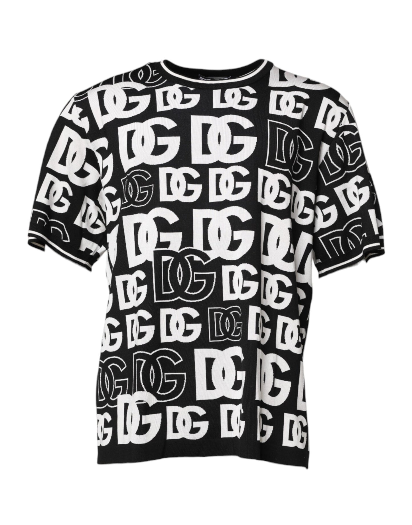 Dolce & Gabbana Svart Hvit Silkestrikket DG Print T-skjorte
