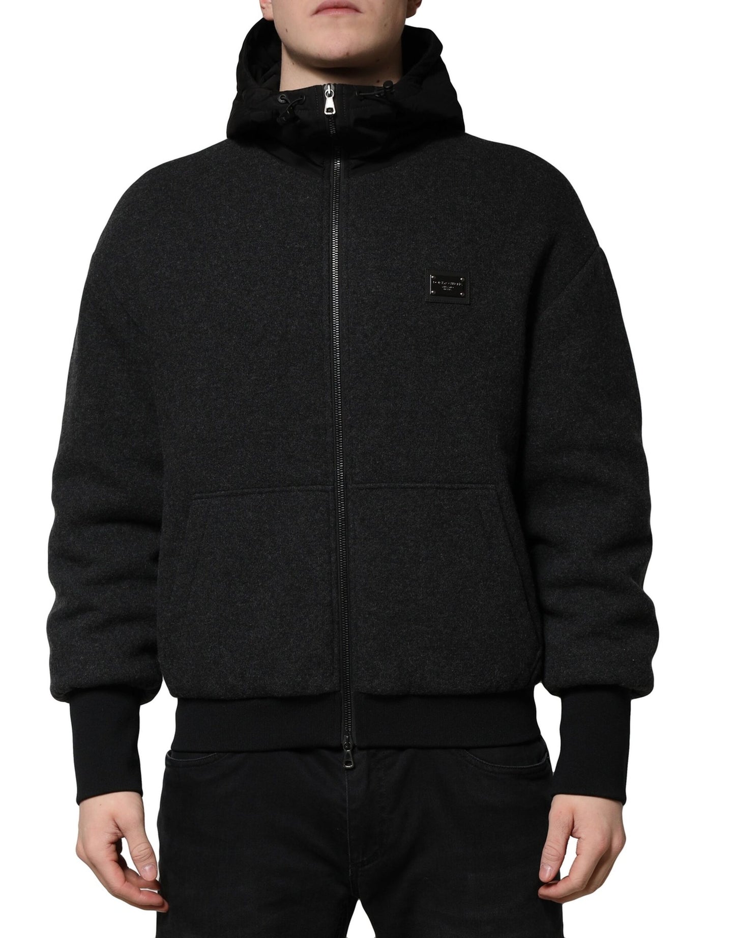 Dolce & Gabbana Svart DG Logo Plack Bomberjacka med Huva