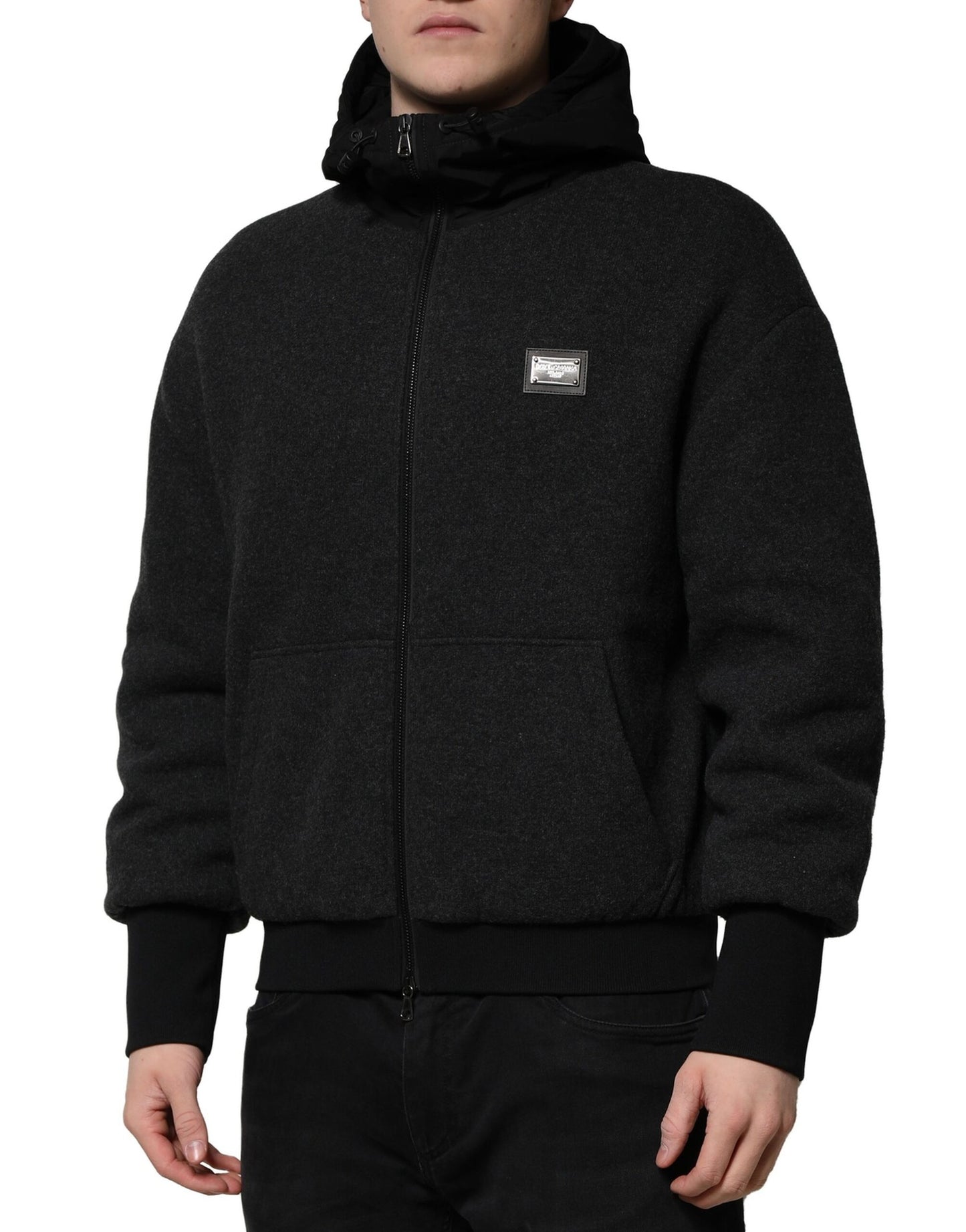 Dolce & Gabbana Svart DG Logo Plack Bomberjacka med Huva