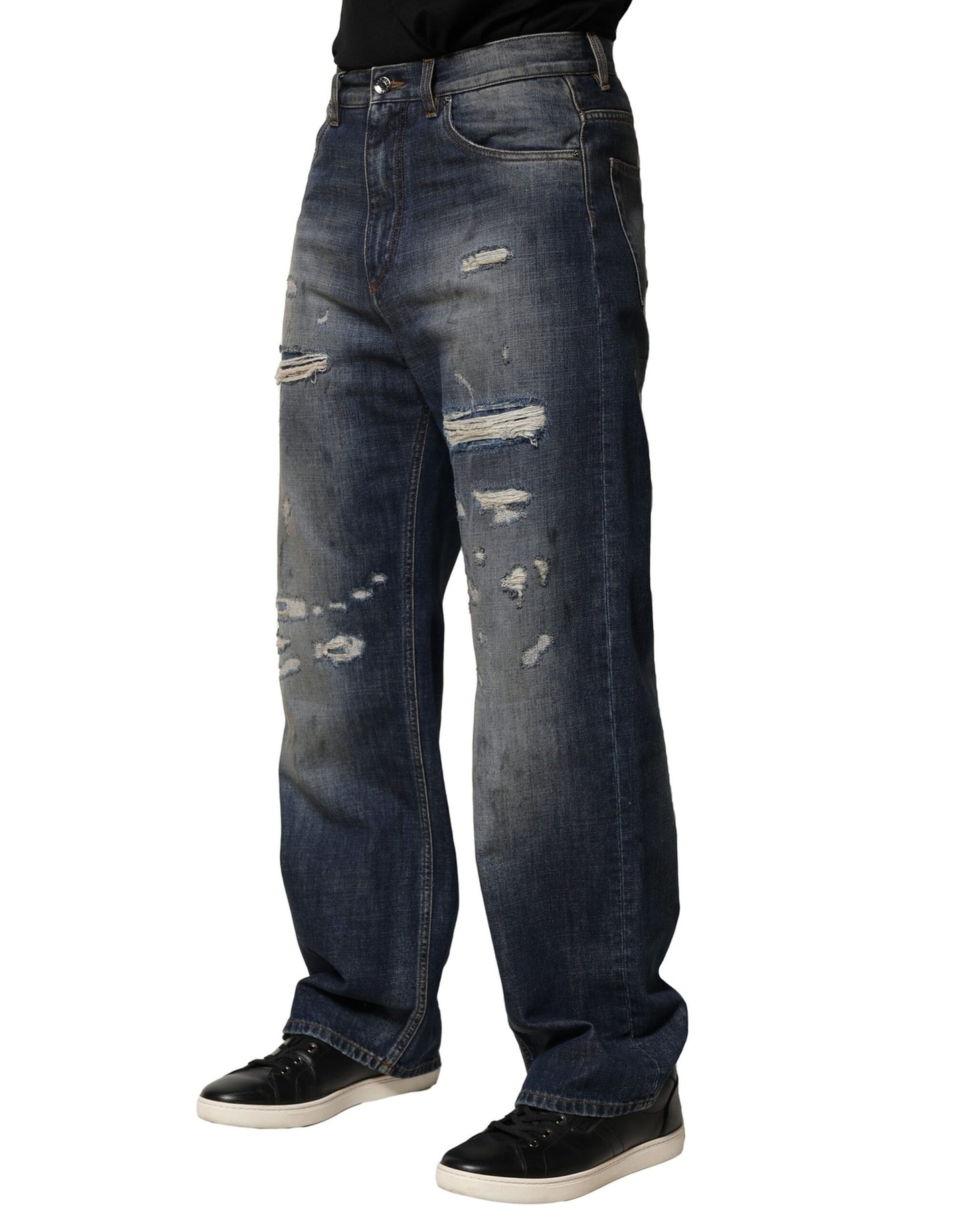 Dolce & Gabbana Blå Tvättade Trasiga Bomull Herrjeans