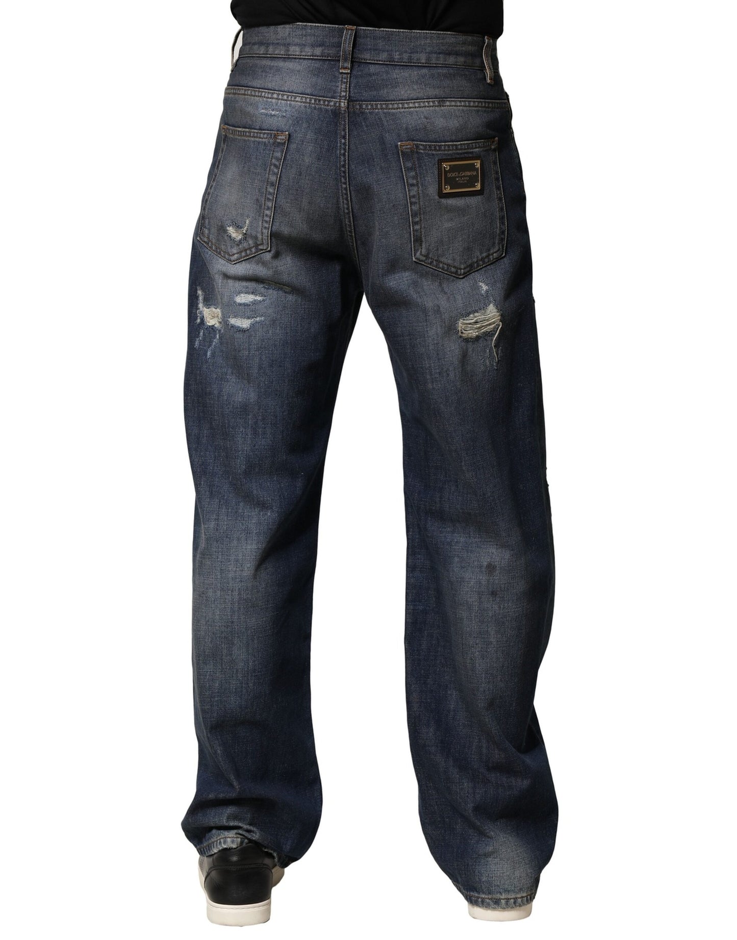 Dolce & Gabbana Blå Tvättade Trasiga Bomull Herrjeans