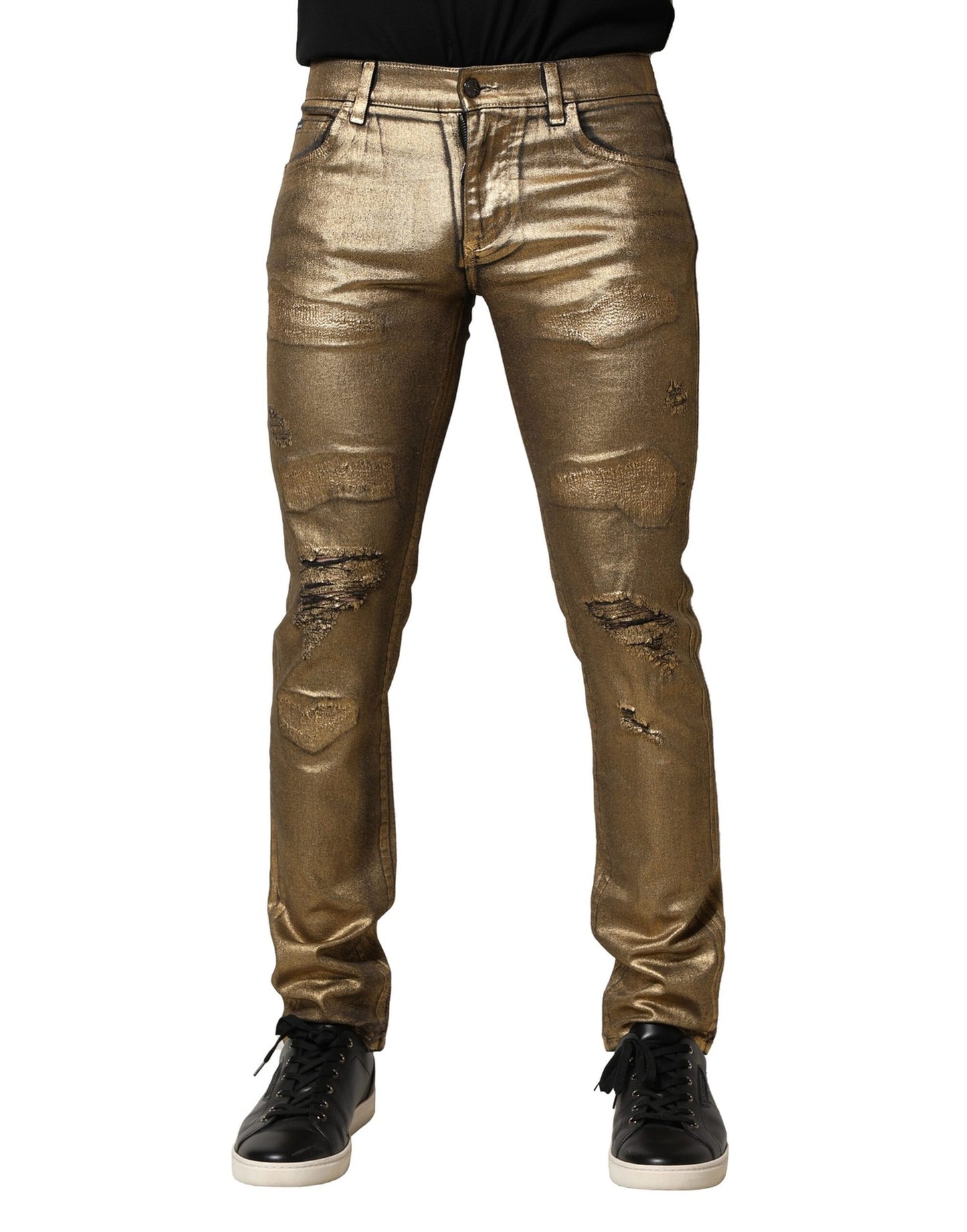 Dolce & Gabbana Guldfärgade Slitna Bomullsstretchjeans i Slim-Denim