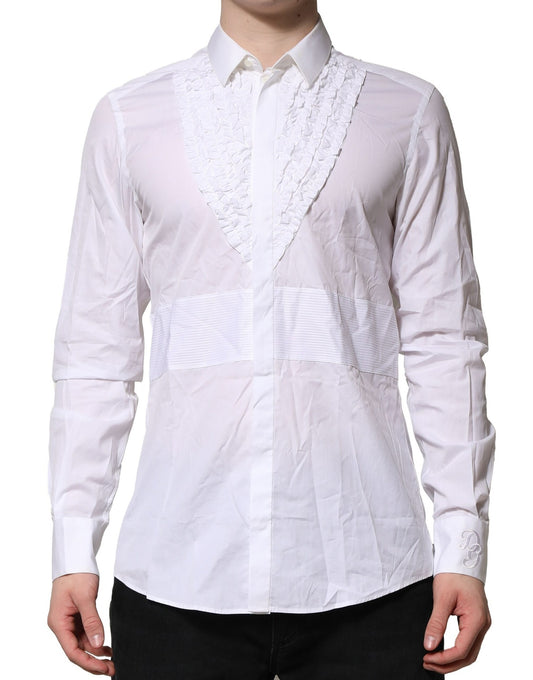 Dolce & Gabbana White Cotton Ruffled Detailing Formal Shirt