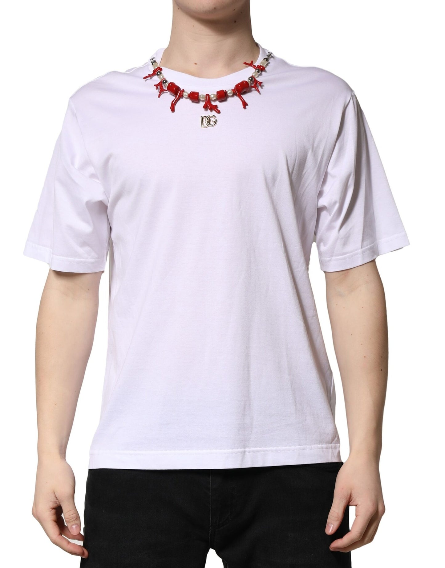 Dolce & Gabbana Vit utsmyckad bomulls-t-shirt med rund halsringning