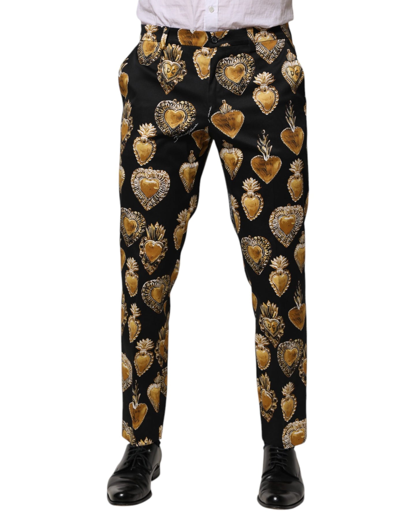 Dolce & Gabbana Svarta Guldfärgade Byxor med Sacred Heart-mönster