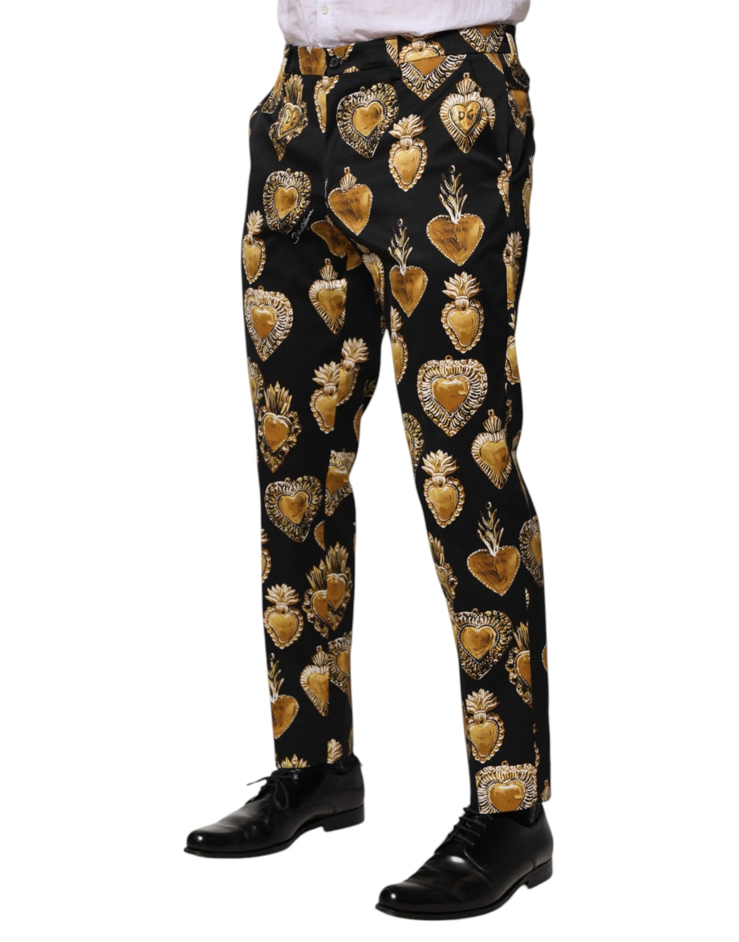 Dolce & Gabbana Svarta Guldfärgade Byxor med Sacred Heart-mönster
