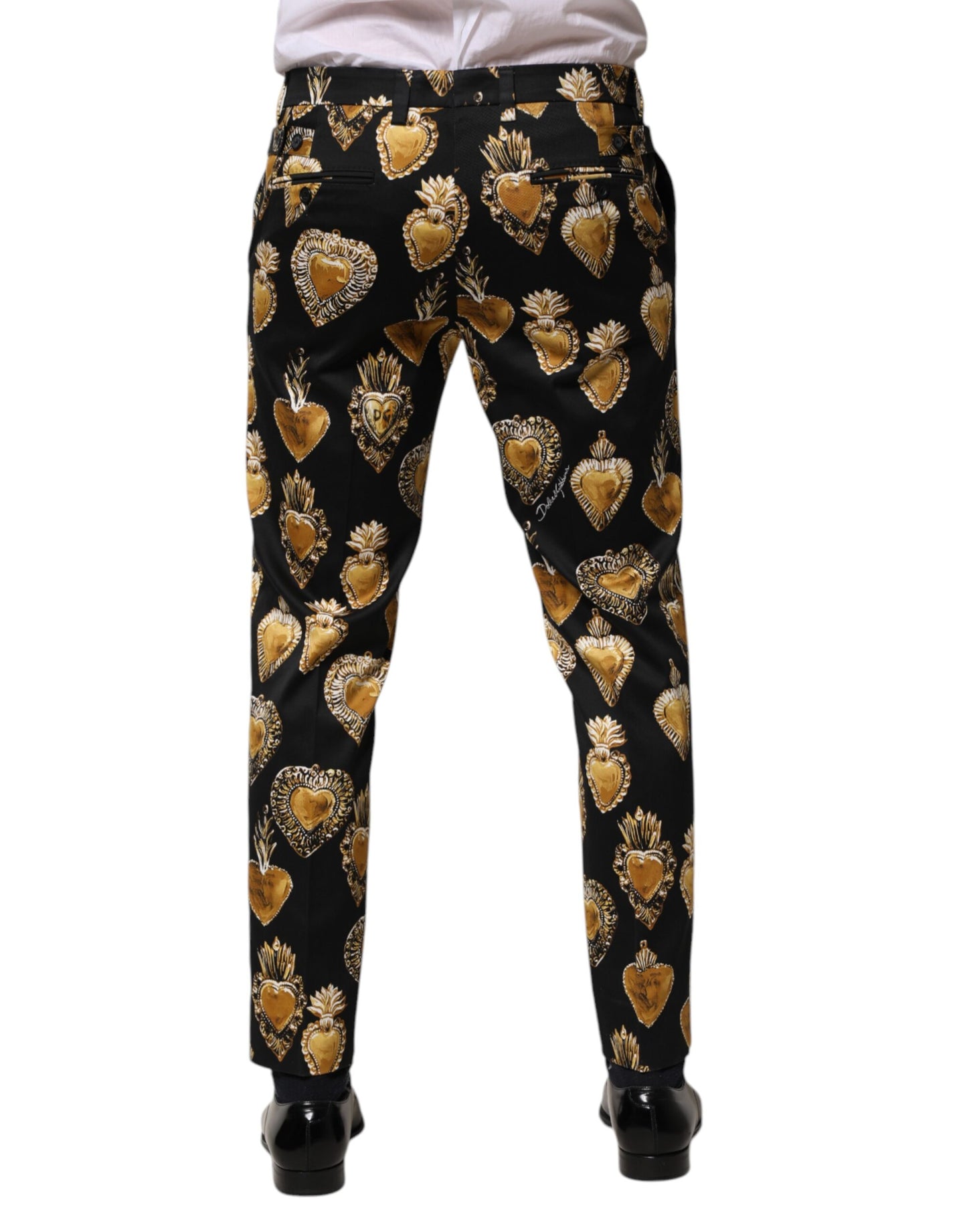 Dolce & Gabbana Svarta Guldfärgade Byxor med Sacred Heart-mönster