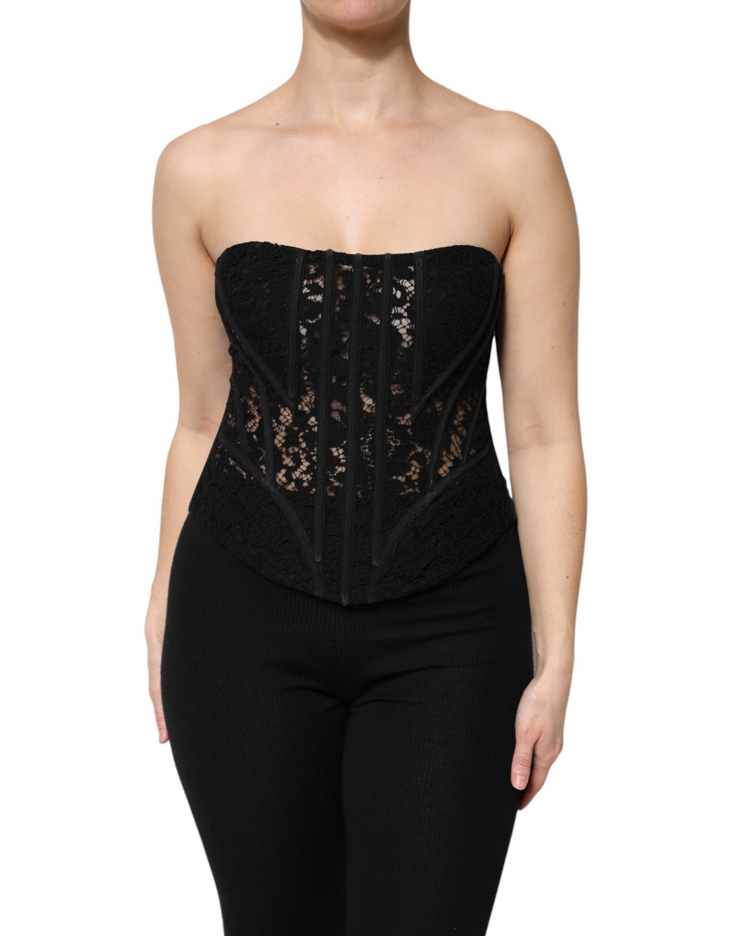 Dolce & Gabbana Svart Bomull Blommig Spets Korsett Bustier Topp