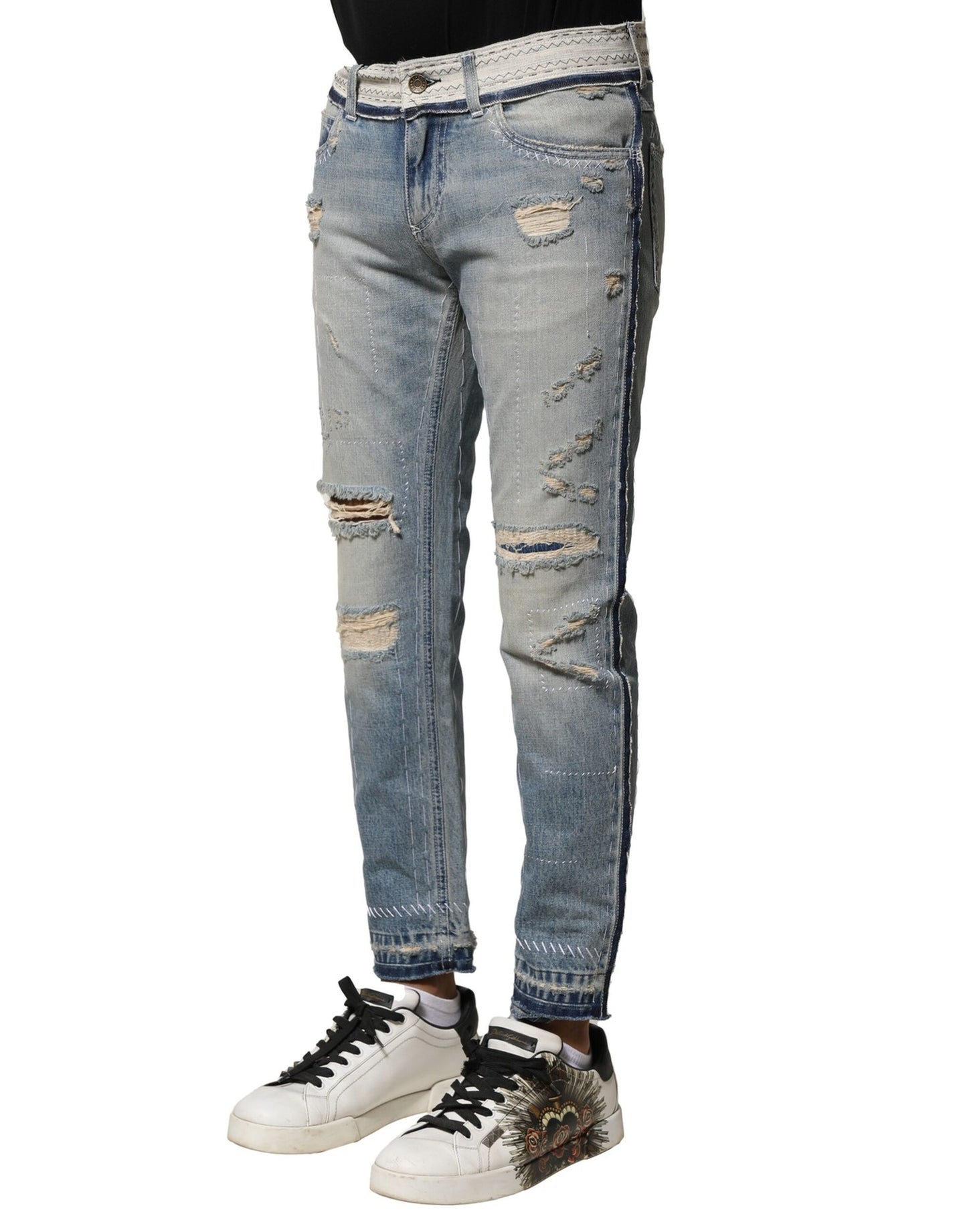 Dolce & Gabbana Ljusblå Raka Jeans Med Slitna Sliter För Herr