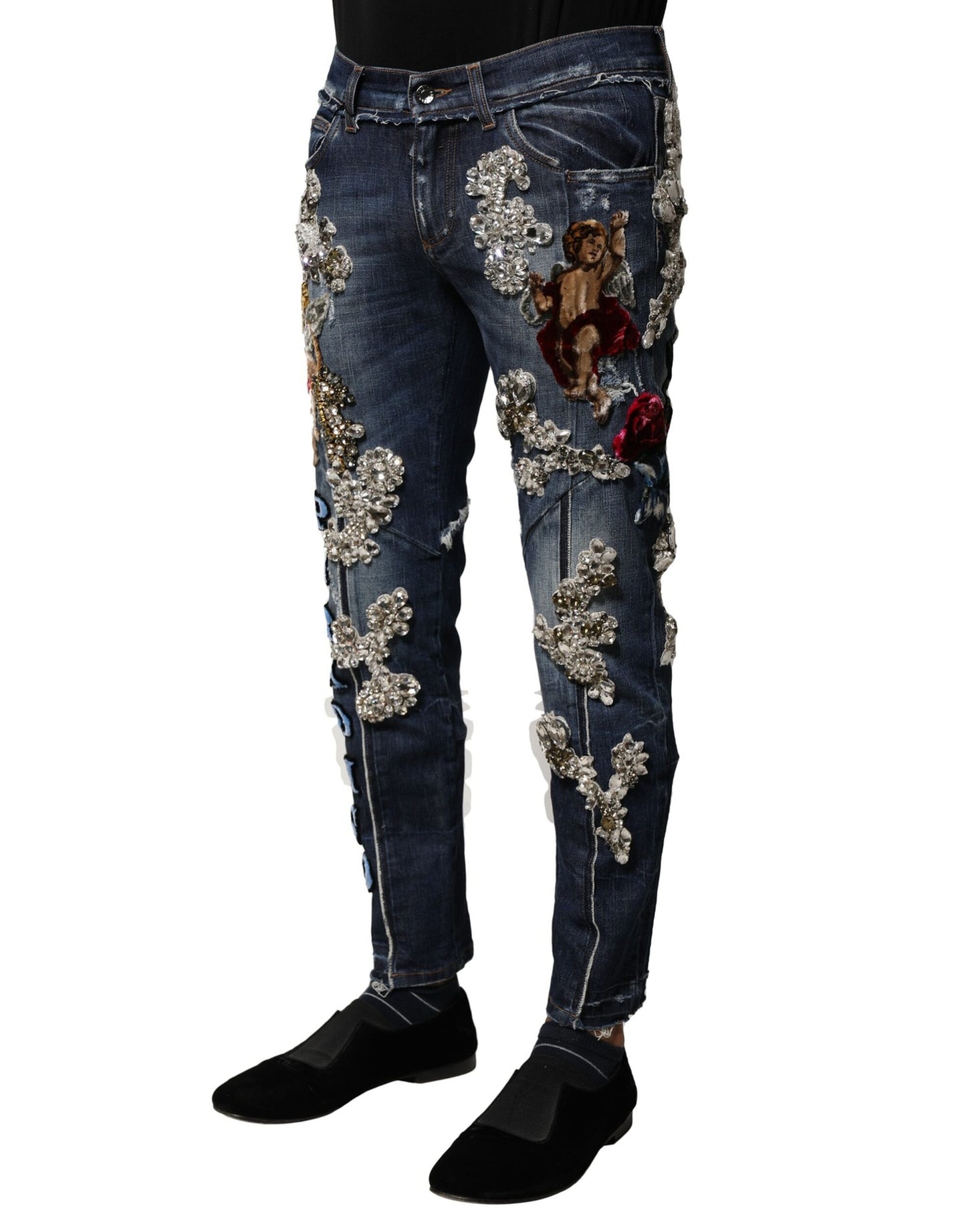Dolce & Gabbana Blå Bomulls Strassutsmyckade Denim Jeans