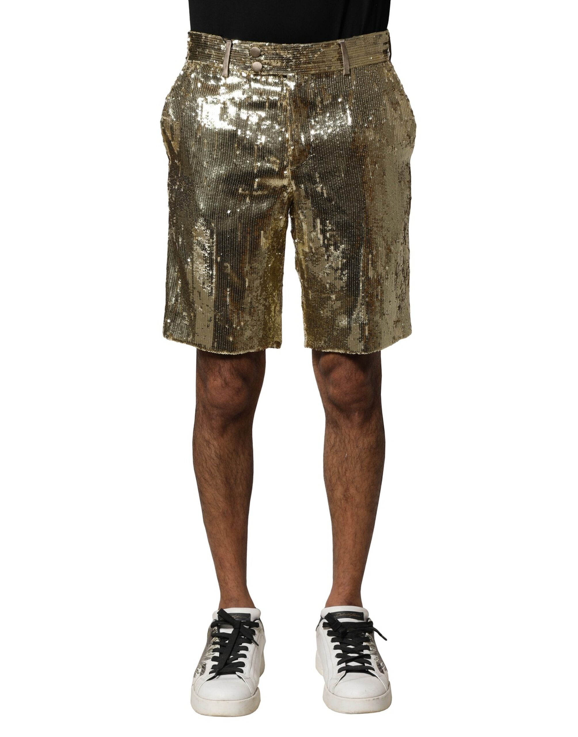 Guldfärgade paljettfärgade polyesterutsmyckade bermudashorts