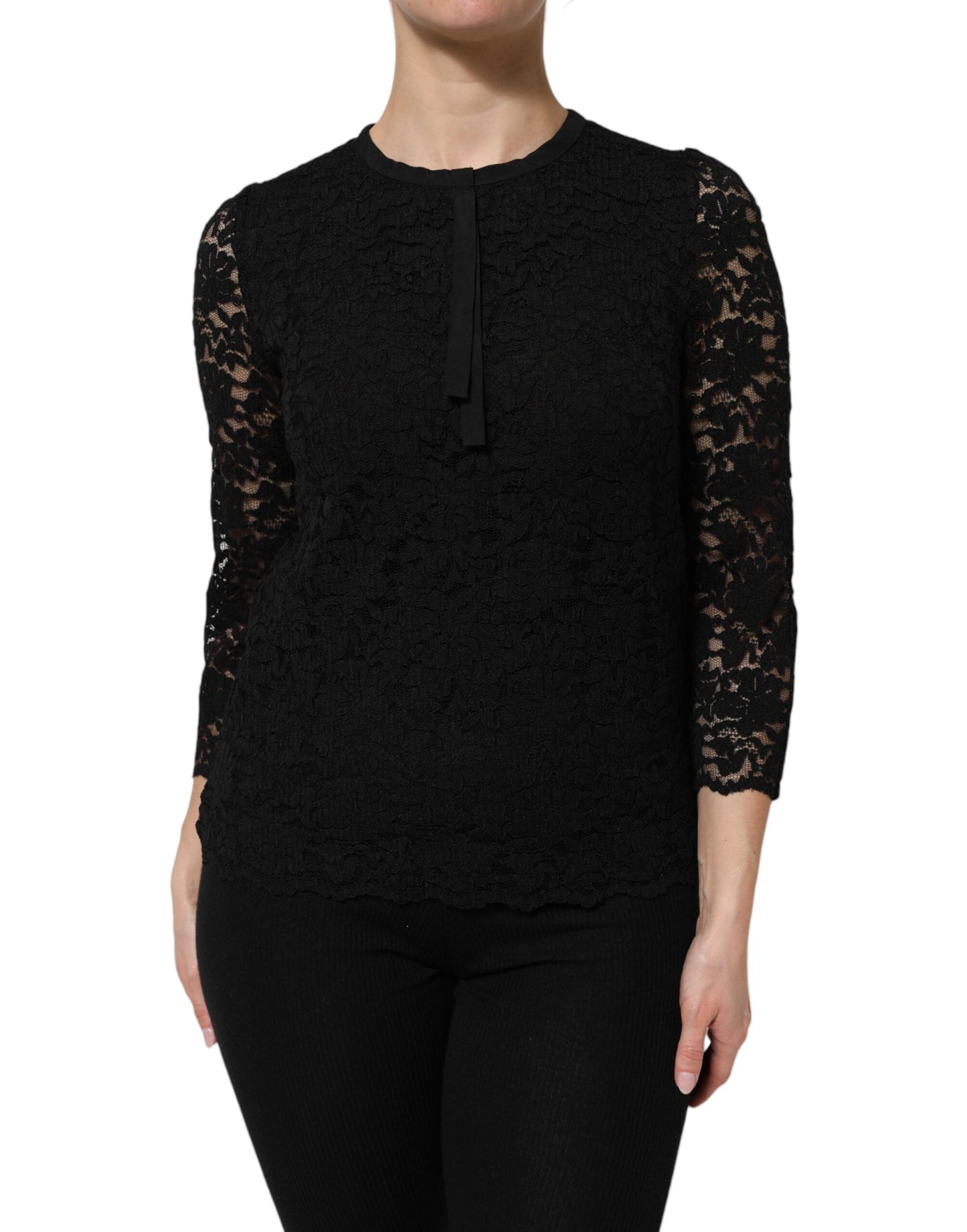 Dolce & Gabbana Svart Nylon Spets Långärmad Blus Topp