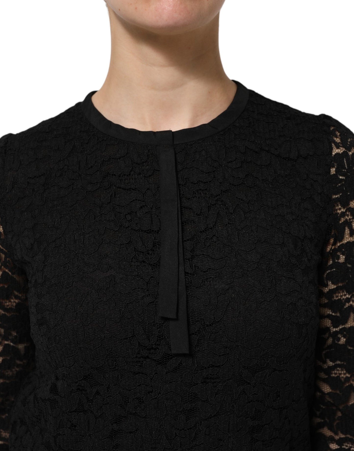 Dolce & Gabbana Svart Nylon Spets Långärmad Blus Topp