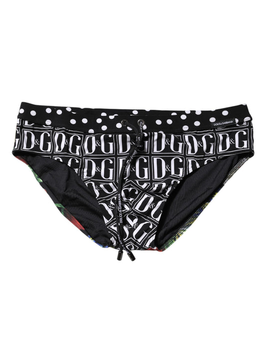 Dolce & Gabbana Black Floral Logo Beachwear Men Brief Swimwear