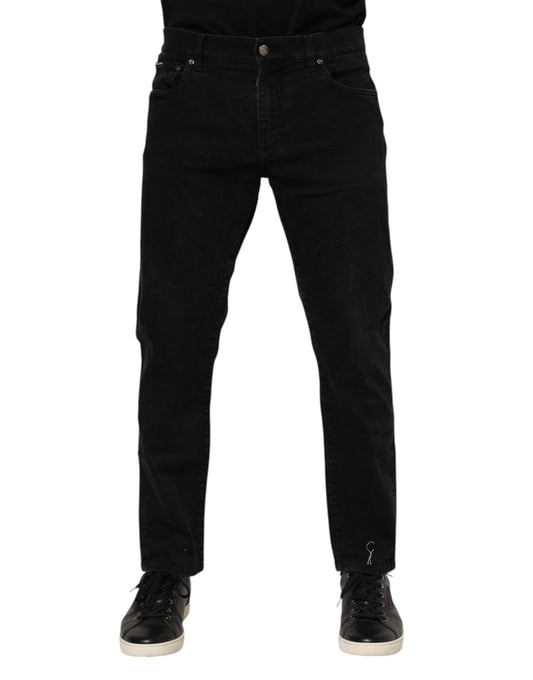 Dolce & Gabbana Black Cotton Logo Plaque Slim Fit Denim Jeans