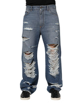 Dolce & Gabbana Blue Tattered Cotton Logo Plaque Denim Jeans