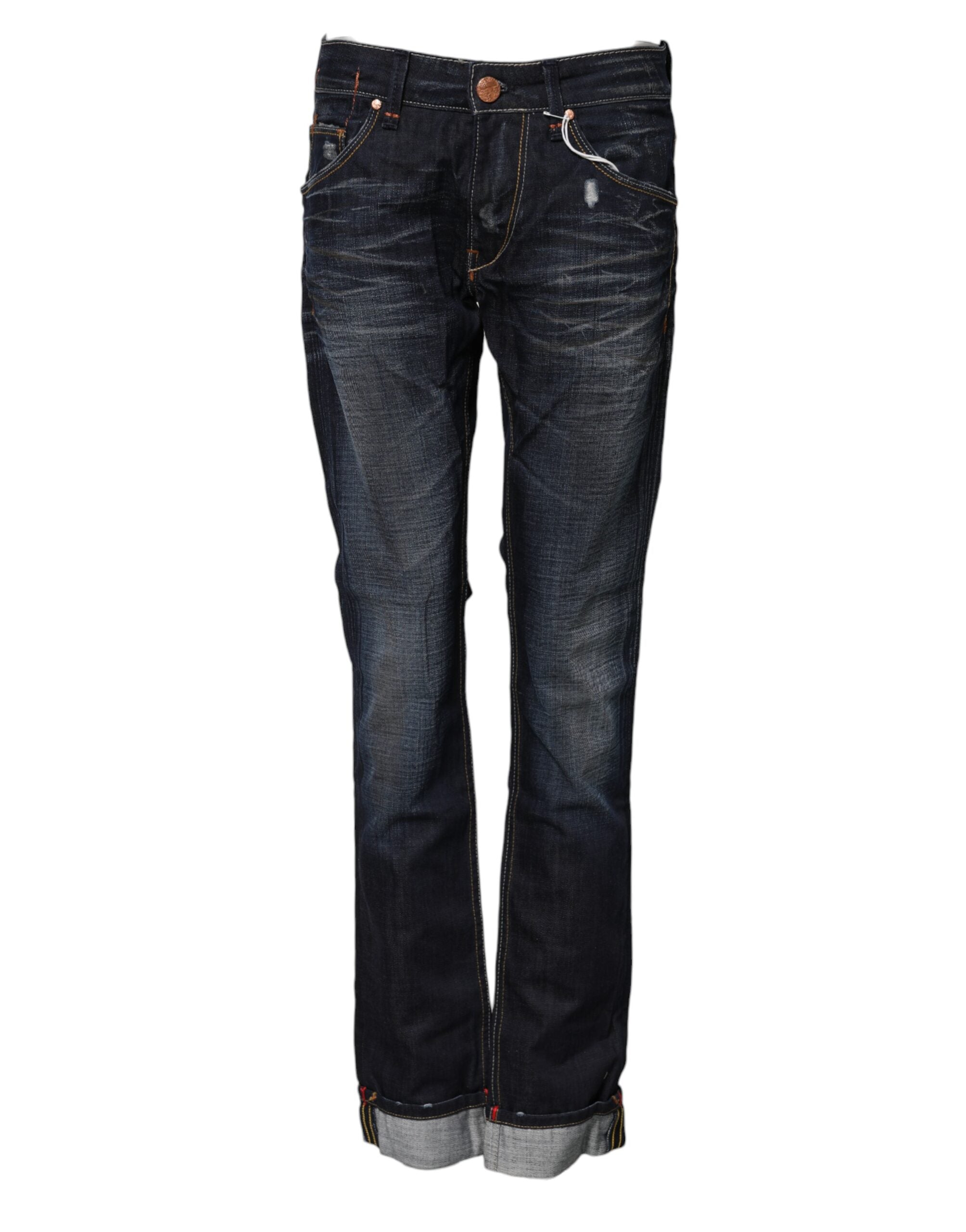 Blå tvättade bomullsjeans med medelhög midja och utsvängda denim