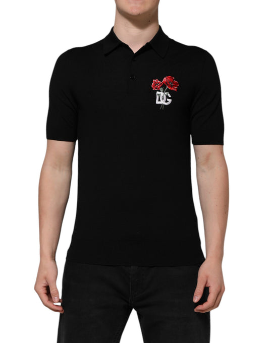 Dolce & Gabbana svart ull DG-logo polo-t-skjorte med rosekrage