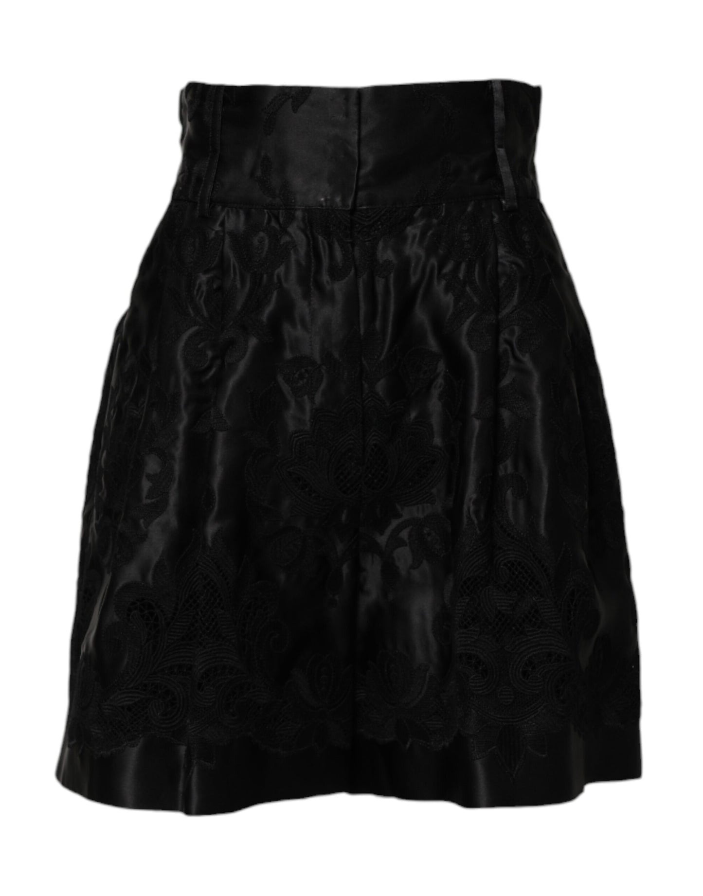 Dolce & Gabbana Svarta Blommiga Broderier Sidenshorts med Hög Midja