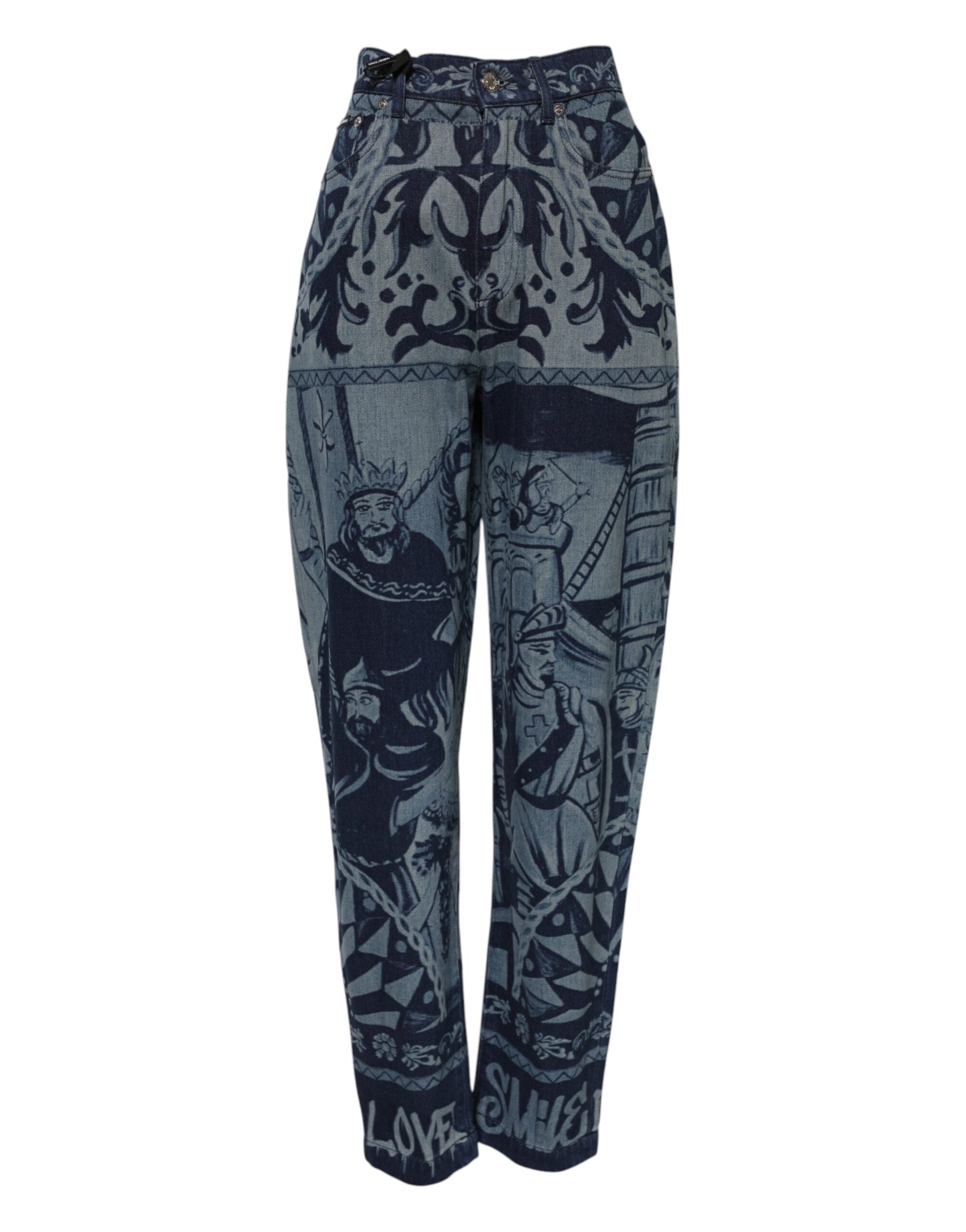 Blå grafisk trykk koniske denimjeans