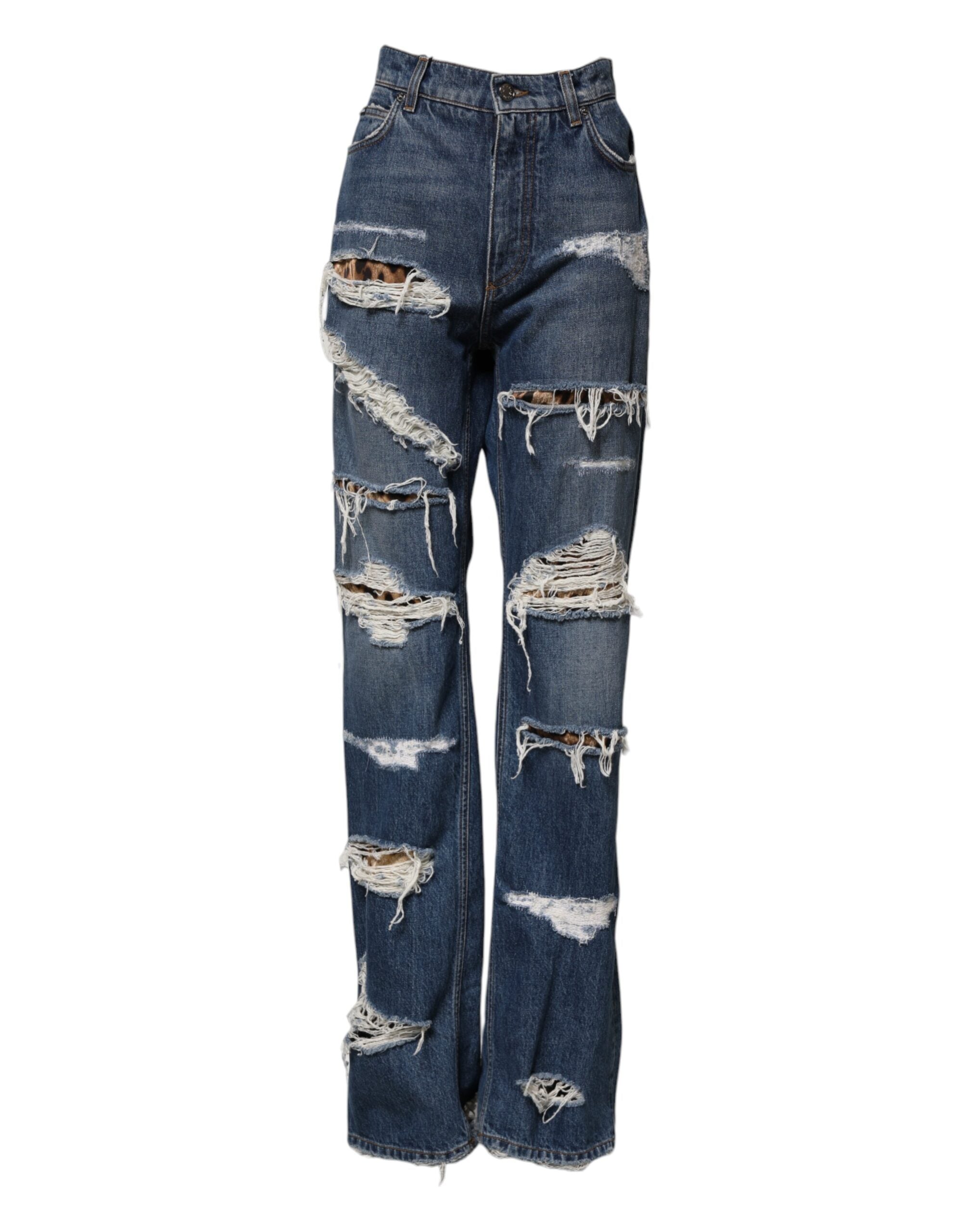Blå, slitte, rette denimjeans i bomull