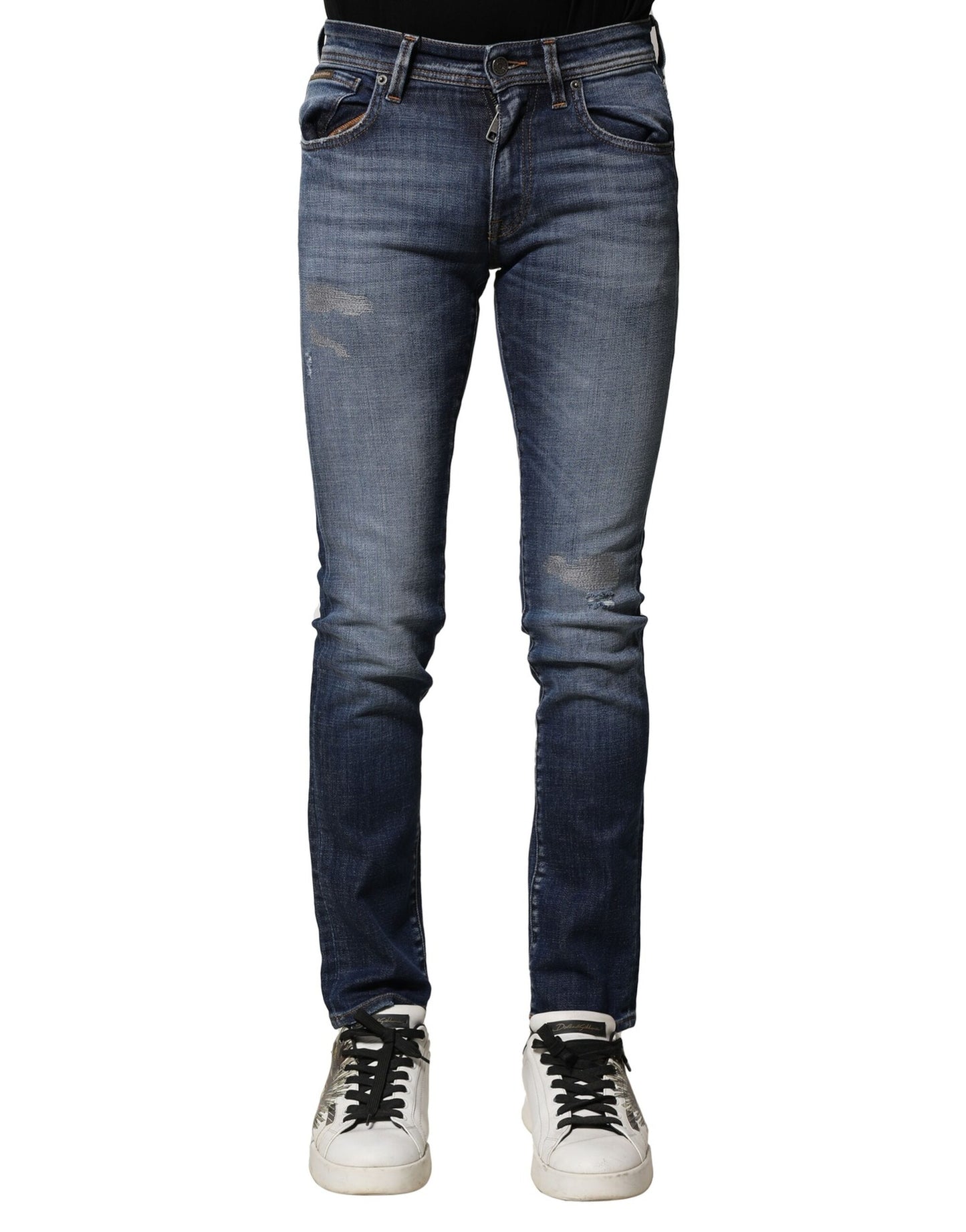 Dolce & Gabbana Blå Tvättade Bomulls Slim Fit Herrjeans