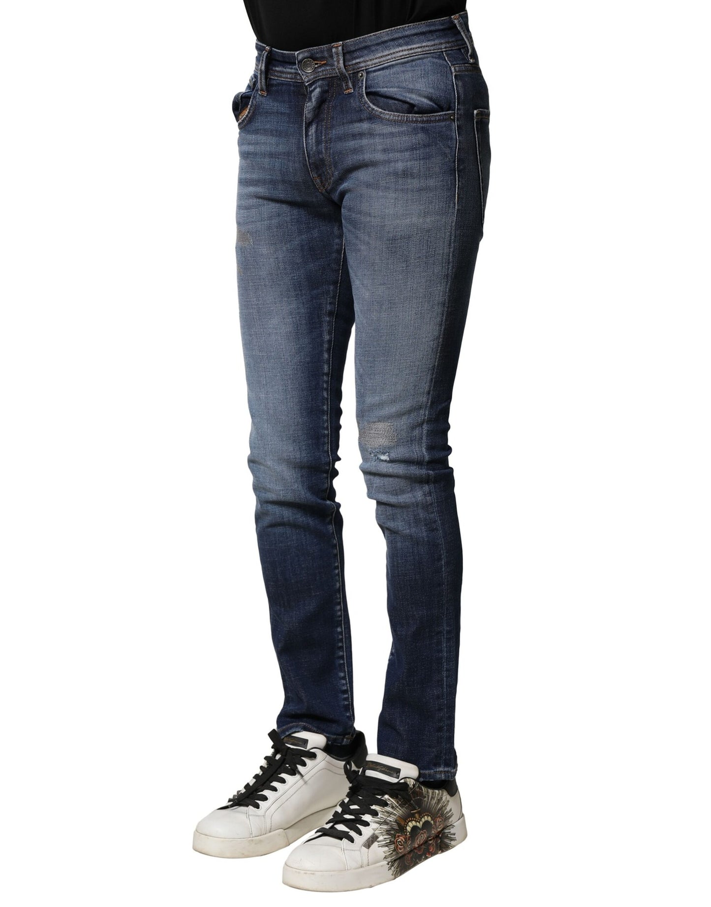 Dolce & Gabbana Blå Tvättade Bomulls Slim Fit Herrjeans