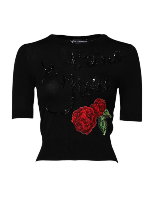 Dolce & Gabbana Svart ros paljettutsmyckad blus topp