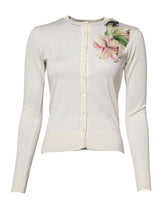 Dolce & Gabbana White Silk Lily Embellished Cardigan Sweater