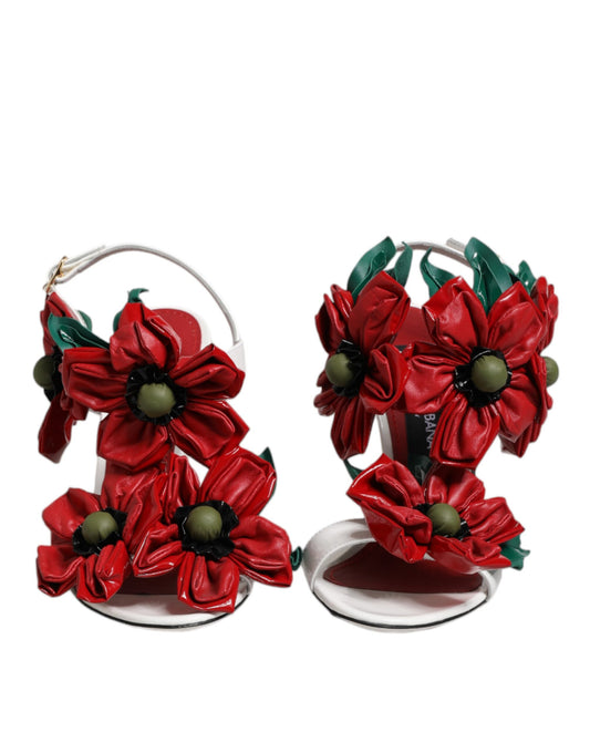 Dolce & Gabbana hvite skinnsandaler med blomsterdetaljer