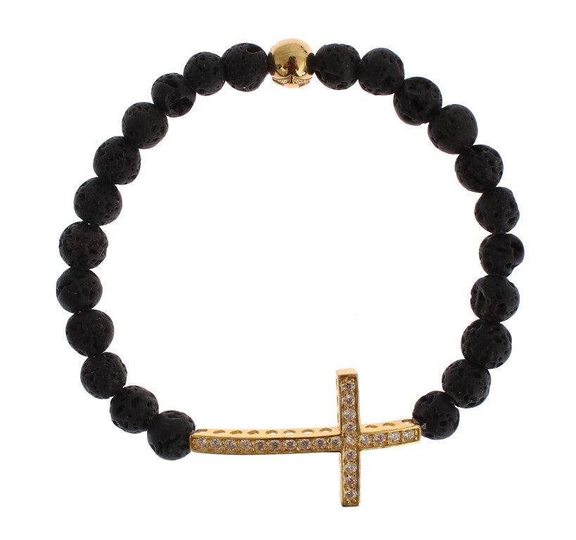 Armband med lavasten, guldfärgat, klart CZ-kors i 925 silver