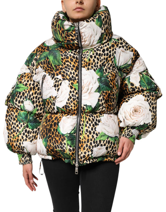 Dolce & Gabbana Multicolor Leopard Rose Puffer Quilted Jacket