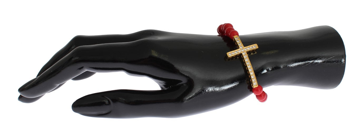 Nialaya Armband med röd korall och guldfärgad CZ-kors i 925 silver