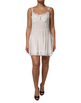 Dolce & Gabbana White Lace Gold DG Logo Silk Dress Sleepwear