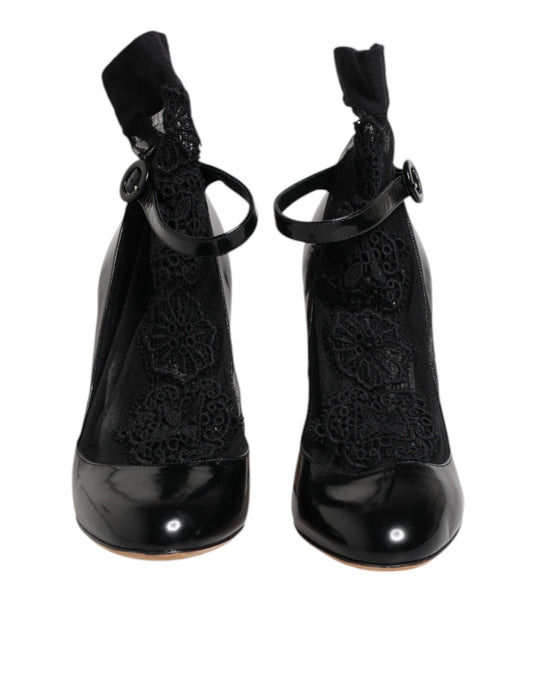 Dolce & Gabbana Svarta Läder Spetsstrumpor Klackskor Pumps