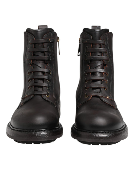 Dolce & Gabbana Mörkbruna Läderstövlar Med Snörning, Halvhög Vaden