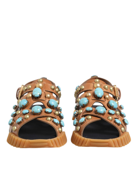 Dolce & Gabbana Brown Leather Studded Slides Sandals Shoes
