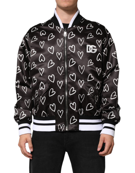Dolce & Gabbana Black Polyester Heart Print Bomber Jacket