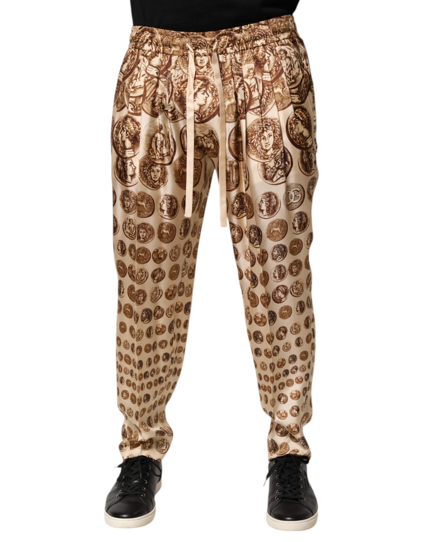 Dolce & Gabbana Beige Mynttryck Sidentwill Herr Joggingbyxor