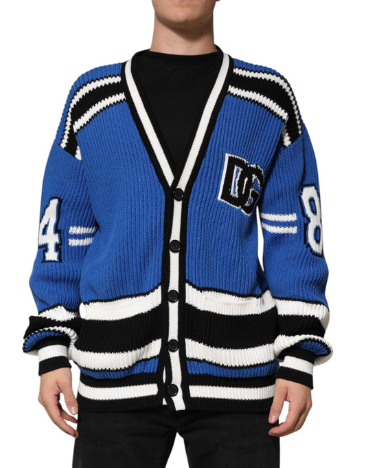 Dolce & Gabbana Blå Bomulls Logo Patch Ribbestrikket Cardigan Genser