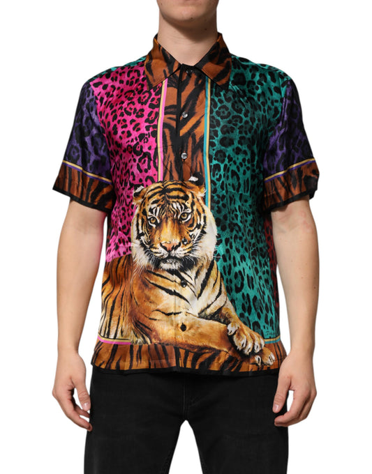 Dolce & Gabbana Hawaiiansk t-shirt med flerfärgad siden och tigertryck