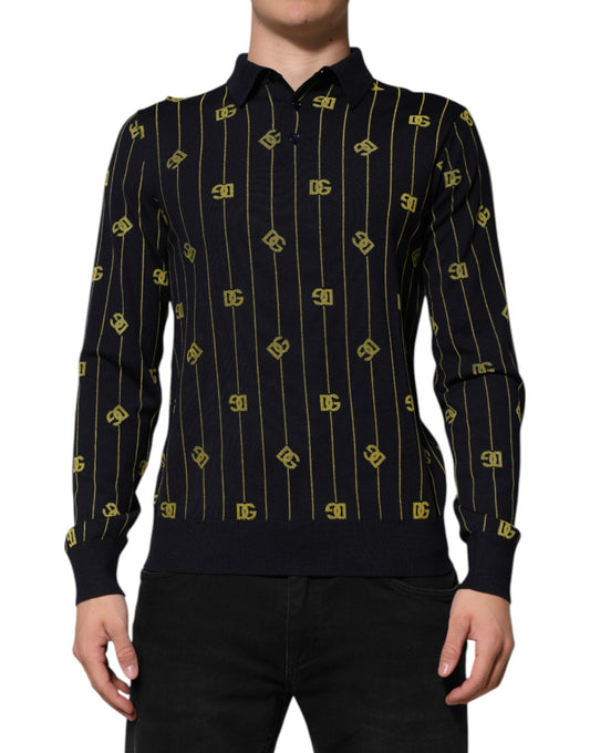 Dolce & Gabbana Svart Logo Jacquard Stickad Polotröja T-shirt
