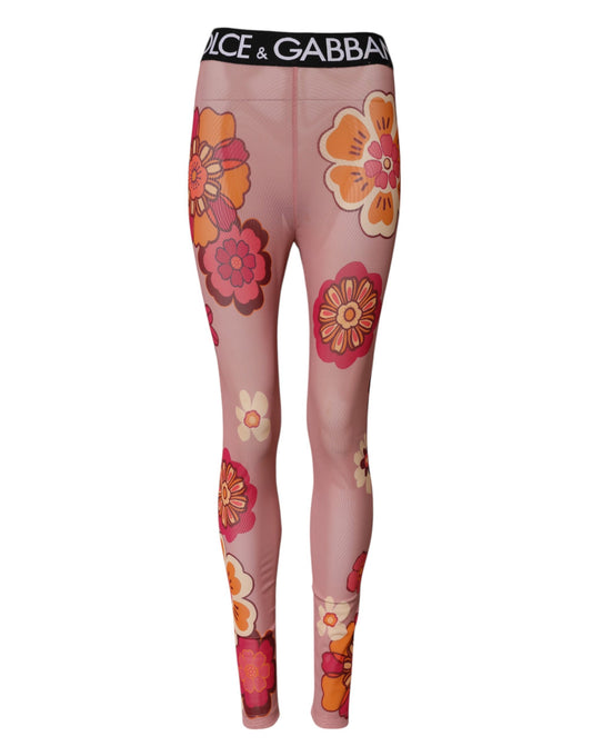 Dolce & Gabbana Rosa Blommiga Leggings Med Stretchig Midja
