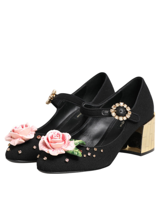 Dolce & Gabbana Svarta Blommor Kristallutsmyckade Mary Jane-skor