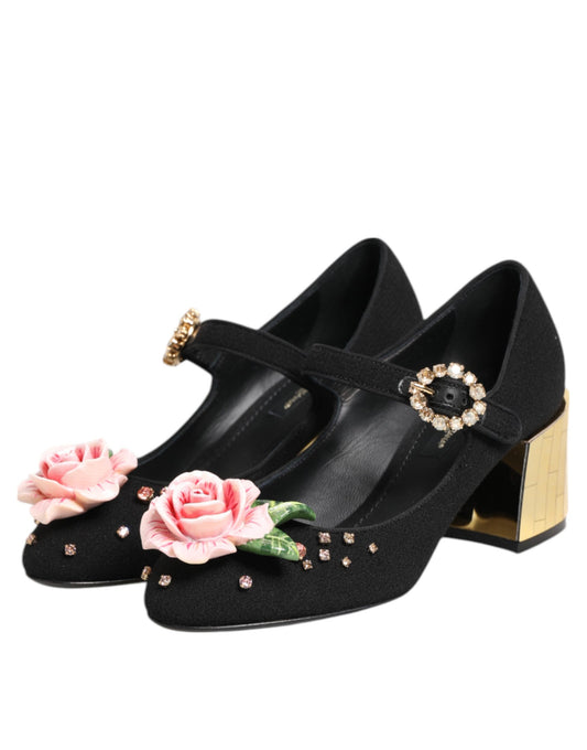 Dolce & Gabbana Svarta Blommor Kristallutsmyckade Mary Jane-skor