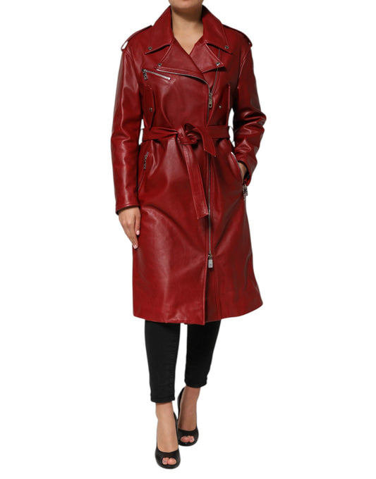 Dolce & Gabbana Red Leather Belted Full Zip Trench Coat Jacket