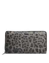 Dolce & Gabbana Black Gray Leopard Leather Zip Around Continental Wallet