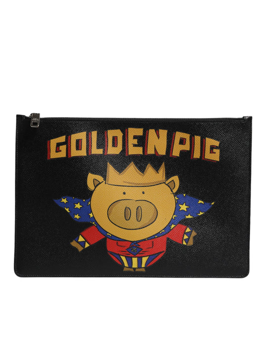 Dolce & Gabbana svart skinn clutch med gyllent gristrykk for menn, Borse-veske