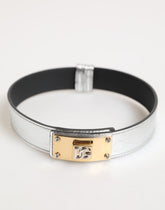 Dolce & Gabbana Silver Textured Leather Gold Tone Metal Neckband