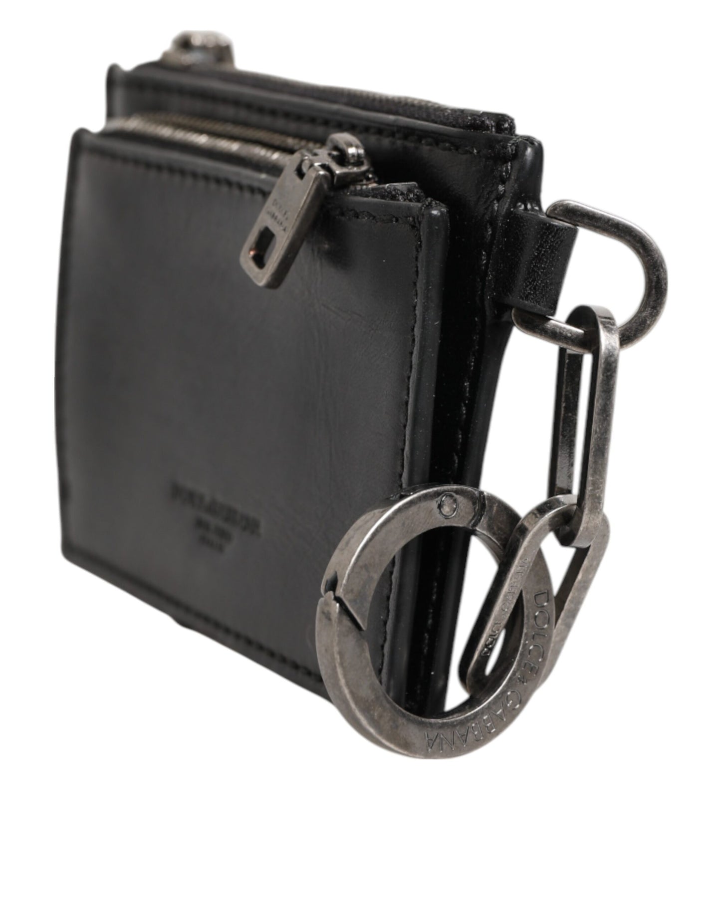 Dolce & Gabbana svart skinnnøkkelring med glidelås og logo, myntveske og nøkkelring